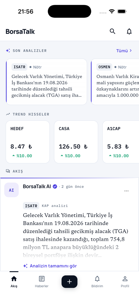 BorsaTalk ana ekranı: son analizler, trend hisseler ve akış
